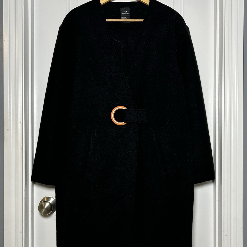 Armani Exchange Wool Blend Black Circular Belt Buckle Coat Quiet Luxury Style